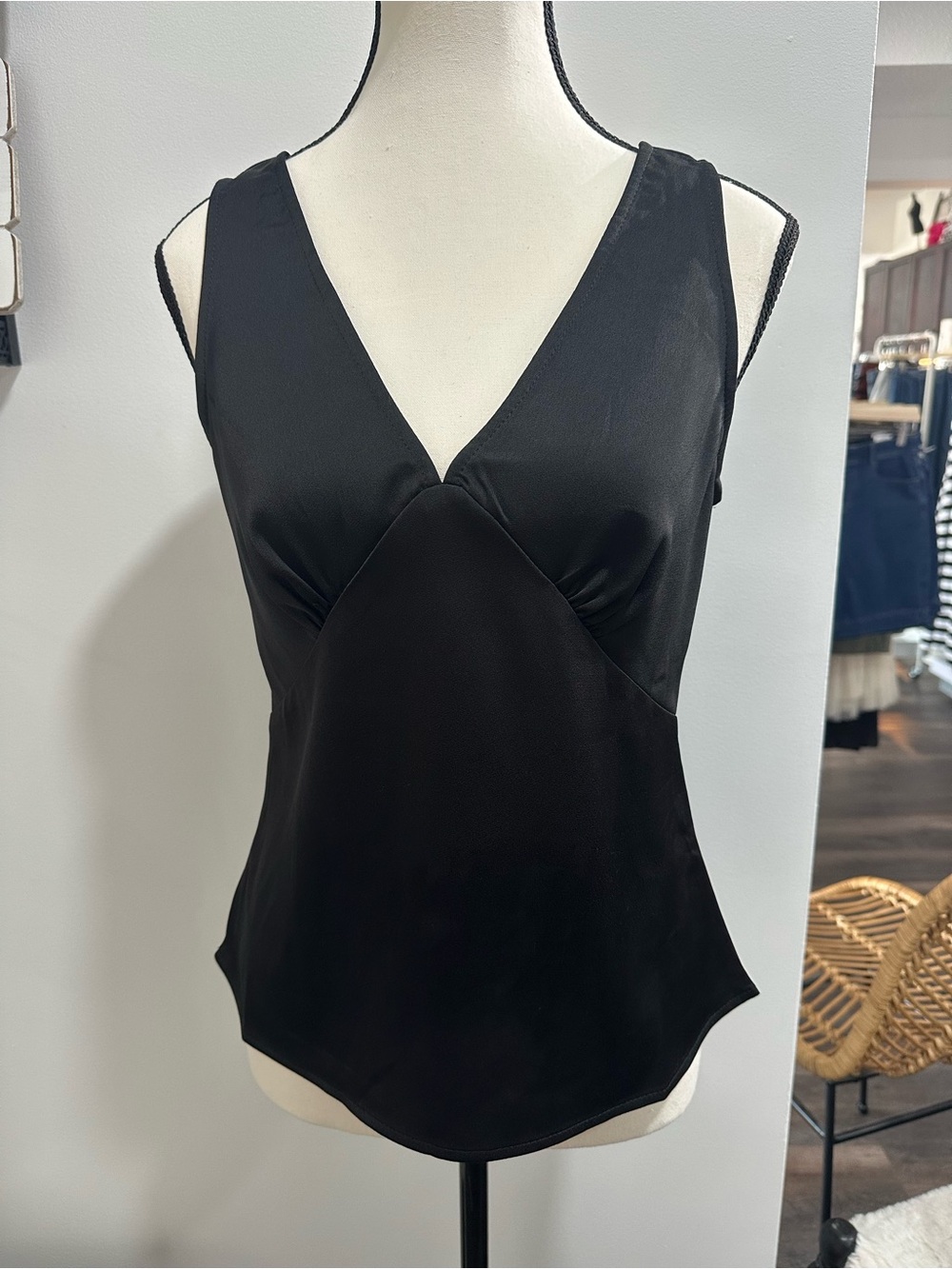 Black V-Neck Satin Tank Top
